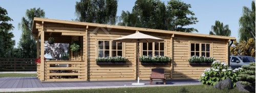 Жилой сруб с плоской крышей и террасой HYMER (44+44 мм + утеплитель), 42 м² + 10 м²