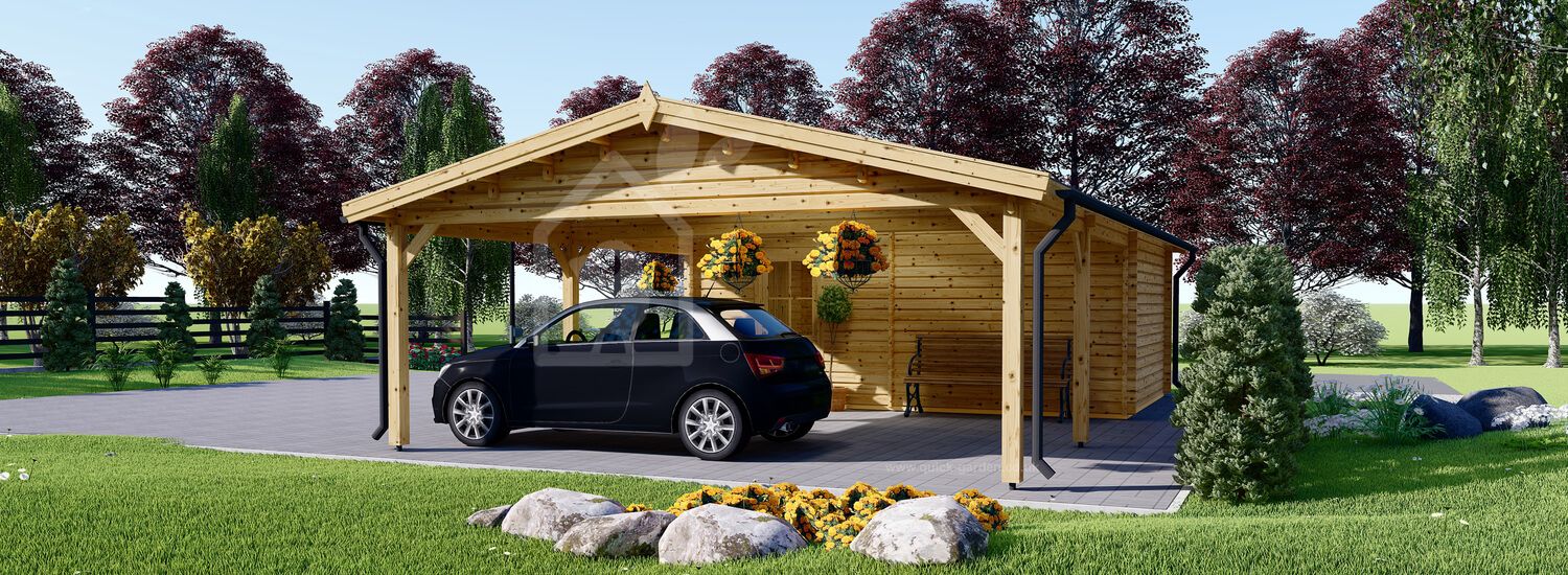 Single Wooden Garage MULTI (44 mm) 4x6 m (13'x20') with Double Carport 5.5x6 m (18'x20')