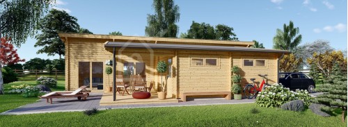 Бревенчатый дом БЕРТА с плоской крышей (80 мм), 72 м², террасой 18 м² и гаражом 20 м²