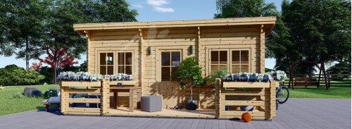 Düz Çatılı Kütük Konut Kabini ALTURA F (Yalıtımlı PLUS, 44 + 44 mm), 31 m² 8 m² Teraslı