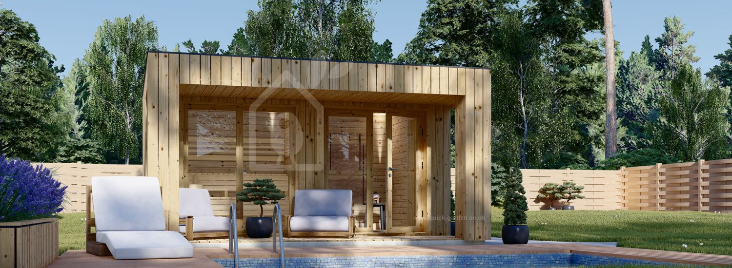 Outdoor Sauna With Changing Room DELLA (34 mm + Cladding), 4,6 x 2,6 m, 9,3 m², Terrace 6,7 m²