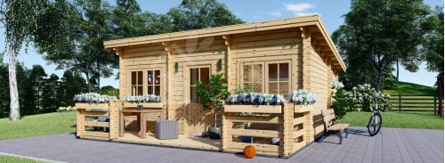 Düz Çatılı Kütük Konut Kabini ALTURA F (Yalıtımlı PLUS, 44 + 44 mm), 31 m² 8 m² Teraslı