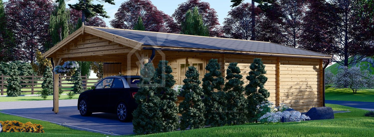 Double Wooden Garage MULTI (44 mm) 6x6 m With Single Carport 3x6 m