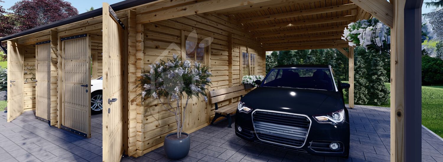 Double Wooden Garage MULTI (44 mm) 6x6 m With Single Carport 3x6 m