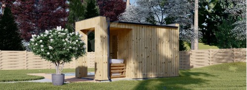 Уличная сауна DELLA (34 мм + облицовка), 2,6 х 2,1 м, 3,8 м², Терраса 3 м²