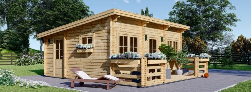 Бревенчатый коттедж ALTURA F с плоской крышей (34+34 мм), 31 м², с террасой 8 м²