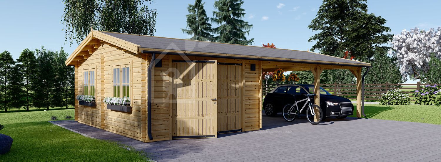Single Wooden Garage MULTI (44 mm) 4x6 m (13'x20') with Double Carport 5.5x6 m (18'x20')