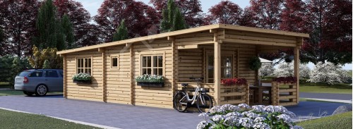 Жилой сруб с плоской крышей и террасой HYMER (44+44 мм + утеплитель), 42 м² + 10 м²