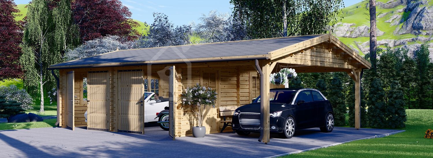 Double Wooden Garage MULTI (44 mm) 6x6 m With Single Carport 3x6 m