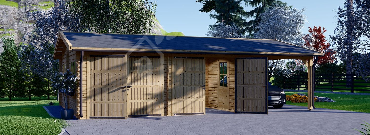 Double Wooden Garage MULTI (44 mm) 6x6 m With Single Carport 3x6 m