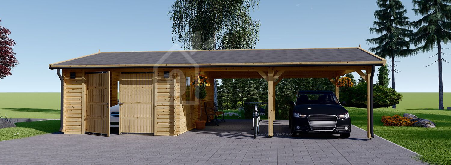 Single Wooden Garage MULTI (44 mm) 4x6 m (13'x20') with Double Carport 5.5x6 m (18'x20')