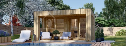 Outdoor Sauna With Changing Room DELLA (34 mm + Cladding), 4,6 x 2,6 m, 9,3 m², Terrace 6,7 m²