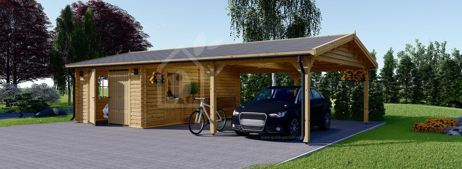 Single Wooden Garage MULTI (44 mm) 4x6 m (13'x20') with Double Carport 5.5x6 m (18'x20')