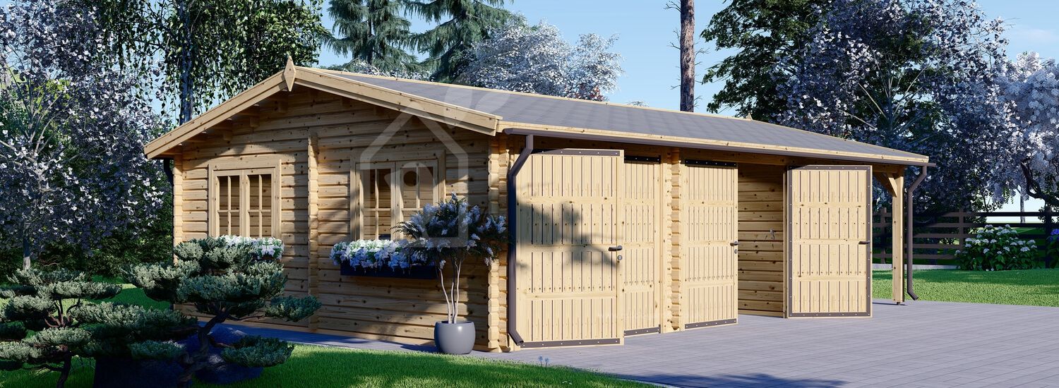Double Wooden Garage MULTI (44 mm) 6x6 m With Single Carport 3x6 m